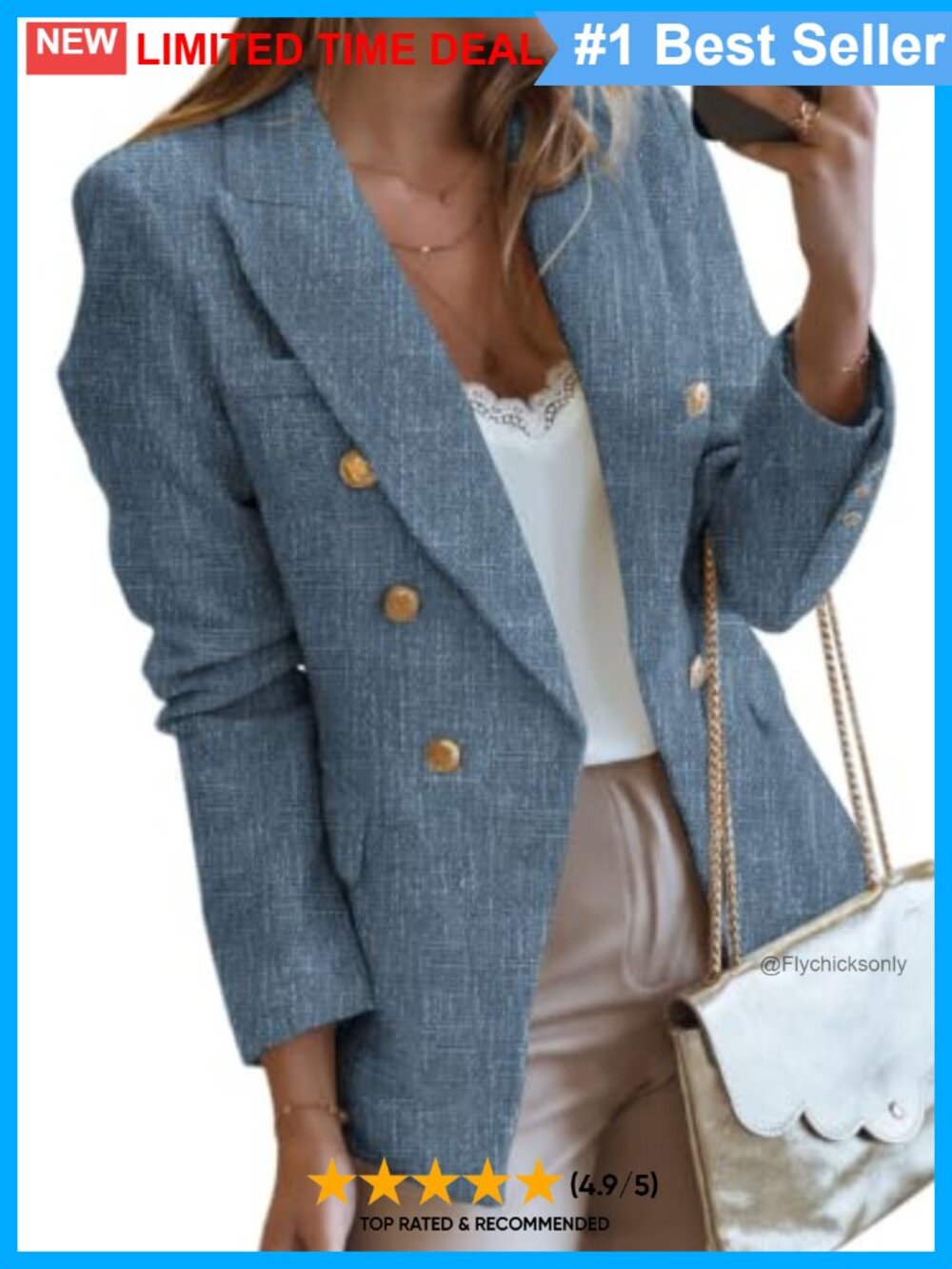 Tweed Blazer Double-Breasted Open Front Metal Button Cuffs Business Casual
